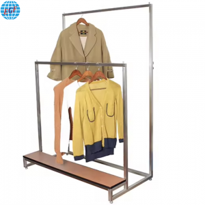 Metal-Wood Clothing Display Rack with Two Horizontal Bars and One Platform, Customizable