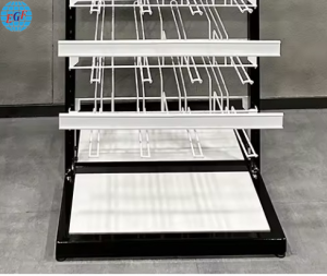 Double-Sided Seven-Tier Retail Metal Display Rack with 56 Hooks and Label Holders, Customizable