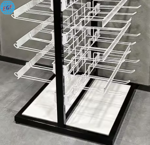 Double-Sided Seven-Tier Retail Metal Display Rack with 56 Hooks and Label Holders, Customizable