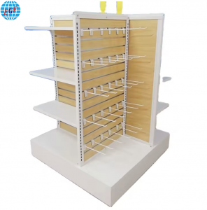 Four-Sided Wooden Slatwall Back Board with Hooks and Metal Shelves for Clothing Retail Stores