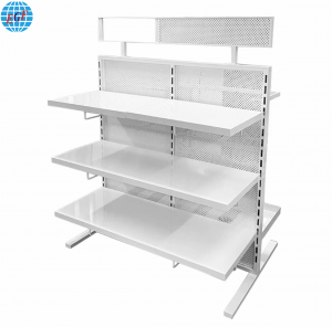 Custom Double-Sided Multi-Functional White Store Display Stand with Pegboard Panel Metal Grocery Store Display Rack