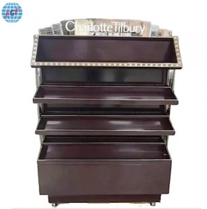 Customizable Four-Tier Metal Cosmetic Display Stand with Laser-Cut Metal Brand Logos on Both Sides, LED Lighting, and Top Logo