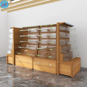 Custom Metal Frame Acrylic Box Display Stand with Wooden Drawers for Supermarkets