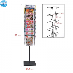 Retail Store Four-Sided 36-Pocket Postcard Greeting Card Rotating Display Stand Floor Metal Magazine Brochure Display Stand, Black, Customizable