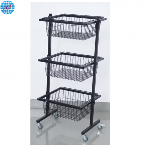 Three-tier Adjustable Wire Basket Display Rack with Wheels for Supermarket, Customizable