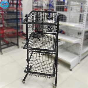 Three-tier Adjustable Wire Basket Display Rack with Wheels for Supermarket, Customizable