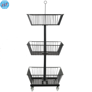 Three-tier Fixed Wire Basket Display Rack with Wheels for Supermarket, Board Insertion, Customizable
