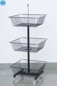 Three-tier Fixed Wire Basket Display Rack with Wheels for Supermarket, Board Insertion, Customizable