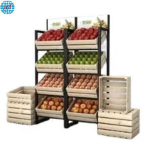Customizable Four-Tier Metal Frame Wooden Basket Fruit and Vegetable Display Stand with Top Printed Logo for Fresh Supermarkets