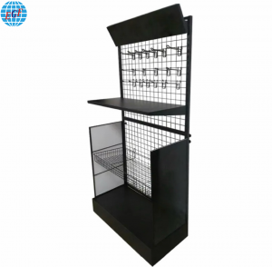 Customized Socks Stand with Hooks and Metal Wire Basket Display Rack with Top Printed Logo