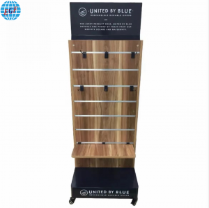 Custom Supermarket Wooden POS Slatwall Display Shelf with Wheels and Hooks for Bottles and Accessories Display