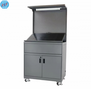 Adjustable Modular Steel Workstation with Pegboard, Drawer & Cabinet Storage – Grey Matte Finish with LED Mount & Lockable Casters