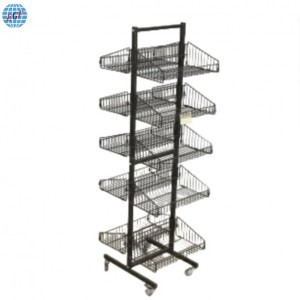 Double-Sided Metal Wire Display Rack with Five Iron Wire Baskets on Each Side and Wheels, KD Structure for Flat Packaging