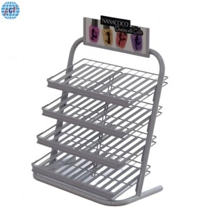 Customizable Brand Cosmetic Three-Tier Metal Wire Countertop Display Stand with Top Advertising Board and Label Holders