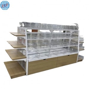 Supermarket Customized Four-Tier Island Display Rack with Back Grid Wooden Shelves, Drawers, and Acrylic Boxes