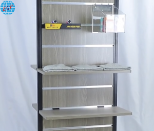 Double-Sided Metal-Wood Slatwall Floor Stand Display with Nine Slots and Two Wooden Platforms, along with Six Hooks on Each Side