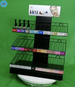 Customizable Brand Cosmetic Three-Tier Metal Wire Countertop Display Stand with Top Advertising Board and Label Holders