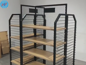 Custom Single-Sided Grid Back Five-Tier Metal Frame Wooden Shelf Display Rack