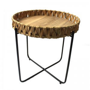 Ironwork Side Table with Rattan Woven Wooden Top Metal Bracket