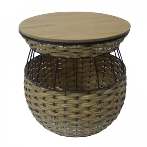 Cheap Price Factory Direct Sale Simple Design Wooden Metal Round Coffee Table Sofa Side Table with Rattan