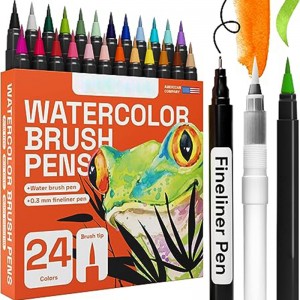 24 Watercolor Markers with Flexible Brush Tip – Watercolor Brush Pens for Pros & Beginners – Consistent Flow for Smooth Blending, Washable, Non-Toxic – Ideal for Coloring, Ca...