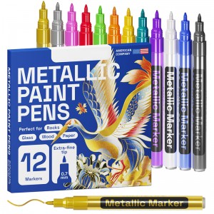 Metallic Paint Pens for Rock Painting, Stone, Ceramic, Glass, Wood, Fabric, Pebbles, Scrapbook Journals, Photo Albums, Card Stocks. Set of 12 Acrylic Paint Markers Extra-Fine Tip 0.7mm