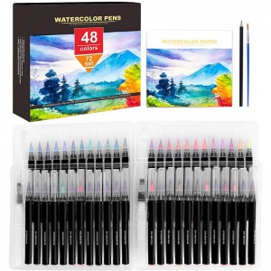 Watercolor Brush Pens, 48 Color Watercolor Pen set with 20 Watercolor Paper, 2 Water Brushes and HB Sketch pencil for Calligraphy, Watercolor Drawing and Writing