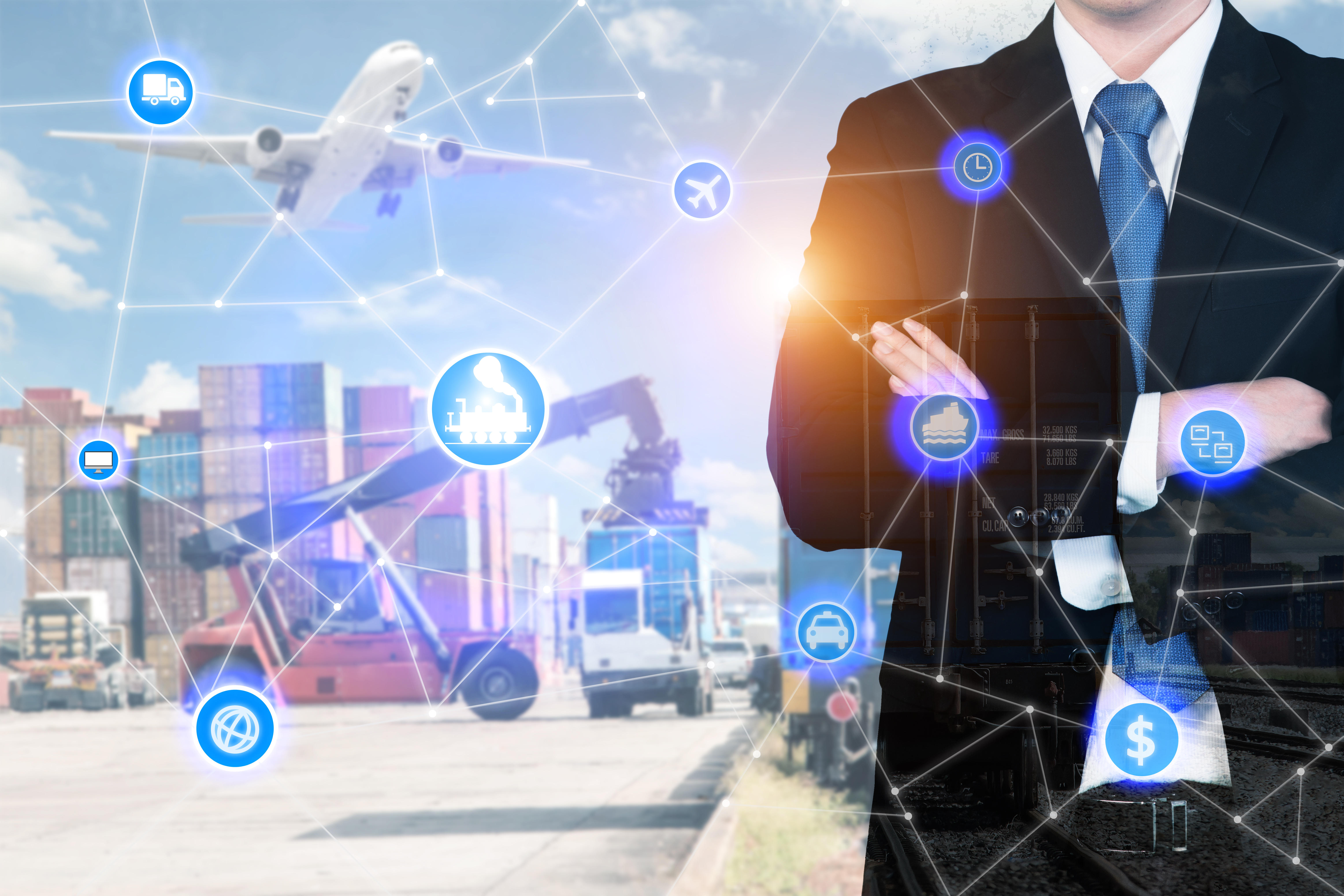 Double exposure businessman standing with his arms crossed with global business logistics system connection technology interface global partner connec