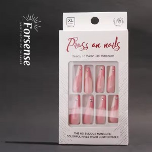 24 Pcs Set Bling Press on Nail Rhinestone Pink Fake Nail with Custom Box Full Cover Acrylic Long Realistic False Nail Tip Coffin