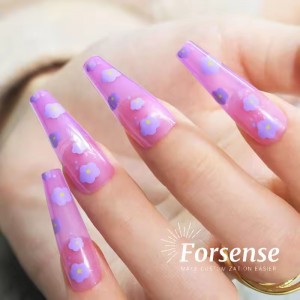 designer translucent jelly tiny flower press on nails reusable wholesale acrylic purple coffin nails tips long fake stickon nail