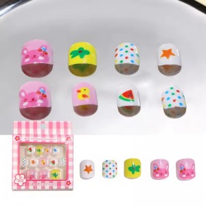 kawaii animal print short press on nails for little girls cute fake nails mini artificial children’s false nail tips with design
