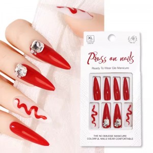 Wholesale Red Lujo Bling Rhinestone Press on Nails with Gems Handmade 3D Fake Nail Tips Extra Long Almond Stiletto False Nails