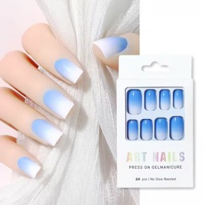 Custom Made Medium Length Blue Ombre Square Press on Nails Gradient Women Fake Nails for Ladies Neutral Artificial Fingernails