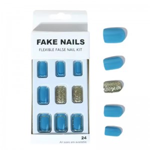 Custom Private Label Baby Blue Press on Nails Short Square Artificial Fake Nail in Bulk Acrylic Glitter 24 False Nails Wholesale