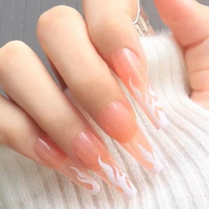 Whole Sale 24Pcs Flame Design Long Coffin Nail Tips Pink Press on Nails Custom Press on Fake Nails Acrylic Artificial Fingernails
