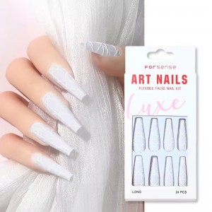 geometric white long coffin shape curved press on nails recycled plastic fake nails faux ongles reutilisable acrylic false nails
