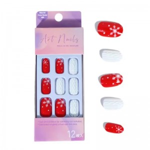 OEM Custom Design Christmas Snowflake Acrylic Press on Nails Red White Artificial Nails Short Oval 12 Pcs Fake Nails Wholesale