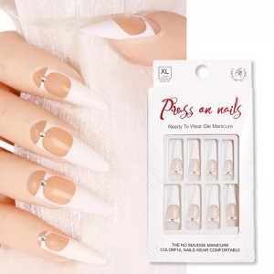 Almond Shape White French Tip Press on Nail With Charm Extra Long Lasting Recycled Plastic Natural Nude Finger Fake Nail Press on Nails