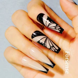 Manufacturer Custom Design Black French Tip Nail Natural Butterfly Press on Nails Wholesale Long Coffin Shape Fake Nail Stick on