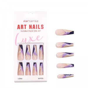 Wholesale Extra Long Acrylic Coffin Shaped Nail Tips Full Cover Press on Nails Matte Swirl Purple Holiday Fake Nails Avec Design