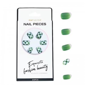 Custom Designer Famous Brands Luxury Press on Nails Short Square Checkered Fake Nail Wholesale Green Acrylic False Nail Reusable