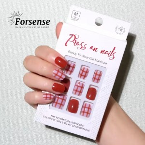 Wholesale Fall Winter Plaid Acrylic Press on Nails Short Square False Nails with Glue High Quality Women Fake Nails with Design