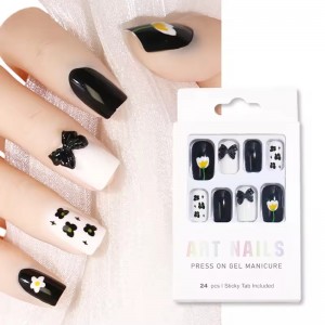 Custom Made Black And White 3D Bow Press on Nails with Charms Medium Square Fake Artificial Nails for Girls Handmade False Nails