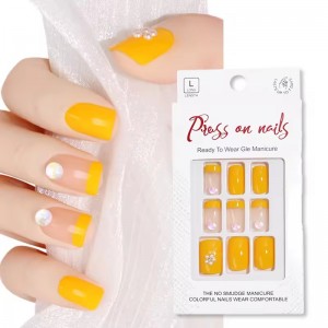 Customizable 3D Crystal French Tip Press on Nails with Diamond Handmade Wear False Nail Latest Orange Yellow Fake Nail Wholesale