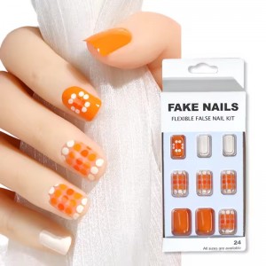 Wholesale Customized Press on Nails Pre Hand Painted Inspired Designer Short Square Yellow Fake Nails Orange False Nail in Bulk
