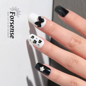 Custom Made Black And White 3D Bow Press on Nails with Charms Medium Square Fake Artificial Nails for Girls Handmade False Nails