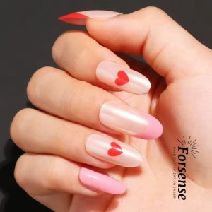 Bulk Sweet Red Heart Acrylic Long Oval Press on Nails Wholesale Pre Glued French Tip Fake Nails Round Head False Nails for Girls
