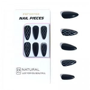 Chic Almond Shape Black Press on Nails Women 24Pcs Self-adhesive Stiletto Artificial Finger Press-on Nail False Nails with Glue