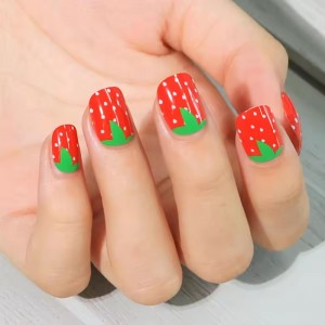 Custom Kawaii Cute Strawberry Press on Nails Short Reusable Acrylic Fake Nails with Glue Wholesale Stick on False Nails Girls Women