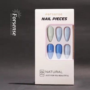 oem salon quality solid color blue almond press on nails with glue fake nails private labeling stick on false nails wholesale